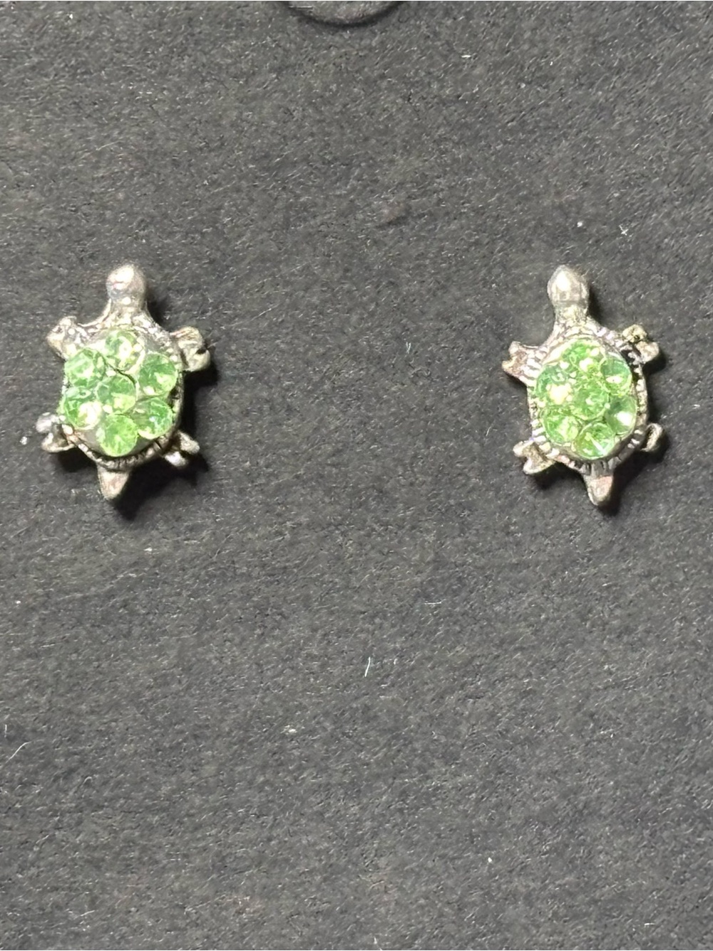 Silver Tone Turtle Stud Earrings with Green Crystal Accents